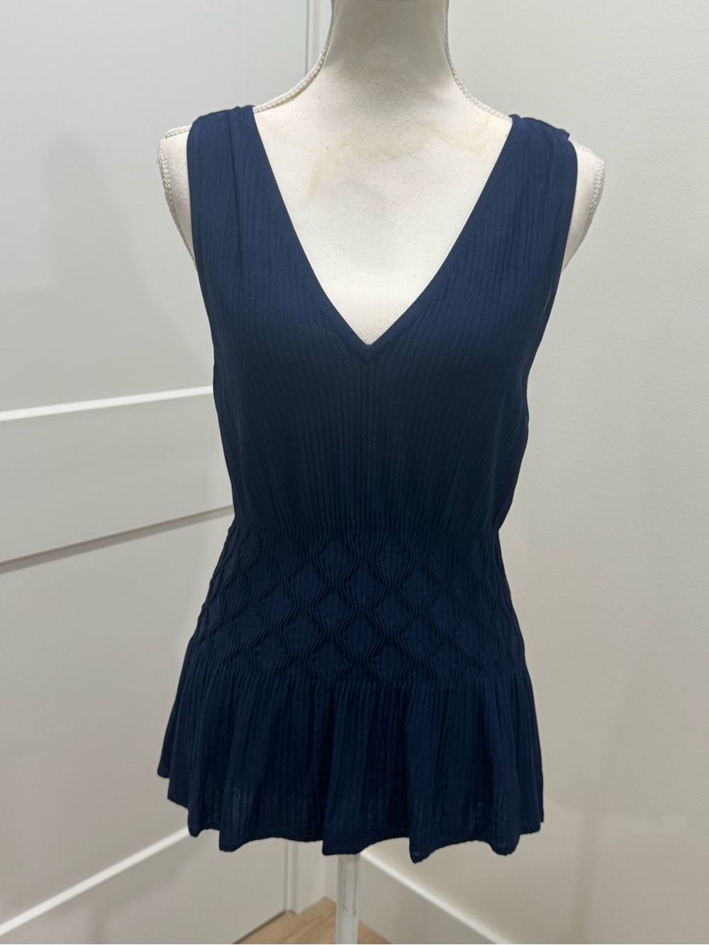 White House Black Market Navy V-Neck Smocked Waist Top